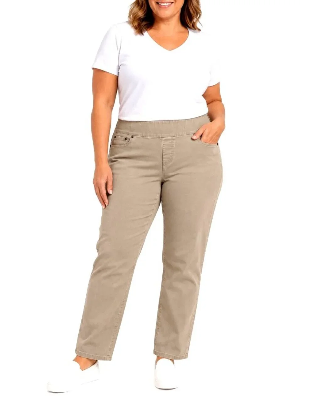 Petite Denim Jeans Tan Straight Leg Pull-On Stretch Pockets Chadwicks Womens 12P